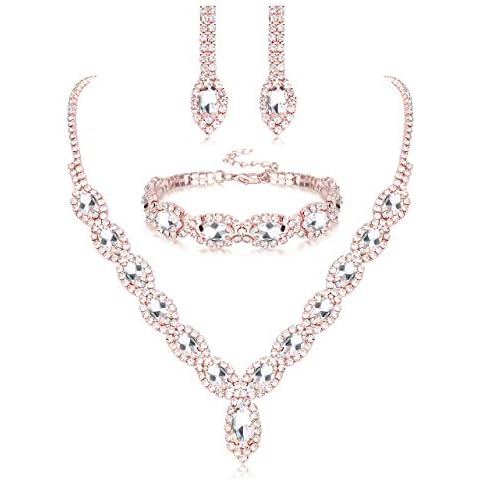 Thunaraz Crystal Bridal Jewelry Set Crystal Necklace and Earrings with Crystal Bracelet for Women Jewelry Set Gifts fit Cover