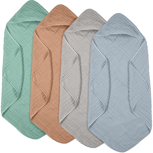 Image of Peryiter 4 Pcs Muslin Hooded Baby Towels 32 x 32 Inch Cotton Newborn Bath Essentials Muslin Infant Blankets Absorbent Registry Gifts for Girl Boy Kids Baby Shower (Green,Gray,Rust,Blue)
