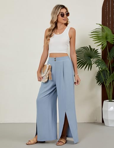 Blooming Jelly Women Palazzo Pants Wide Leg Center Split Casual Pants Flowy Elastic High Waisted Trousers Vacation Outfits4