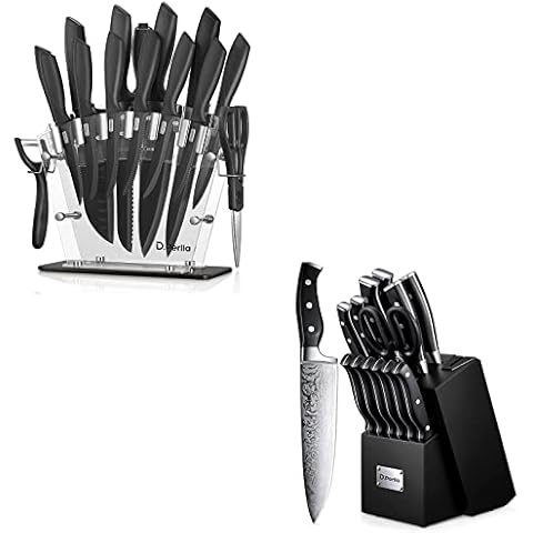 D.Perlla 16 Pieces Black Kitchen Knife Set with Acrylic Stand and 14CS Kitchen Knives Block Set with Built-in Sharpener Cover