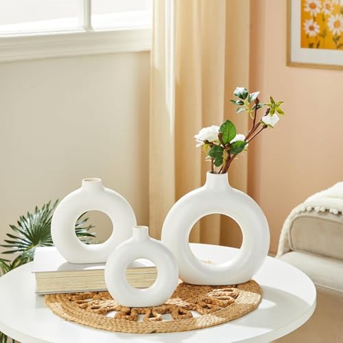 Image of Amazon Basics Modern Hand Crafted Ceramic Donut Shaped Vase|for Unique Home Decor (Pack of 3),White