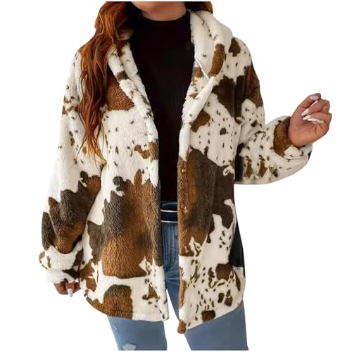 Women Fashion Cow Print Fleece Jacket, Open Front Button Down Sherpa Fuzzy Hoodies Coat Long Sleeve Soft Comfy Coats Brown