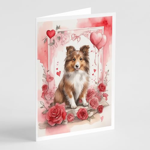 Caroline's Treasures DAC4562GCA7P Sheltie Valentine Roses Greeting Cards Pack of 8 Blank Cards with Envelopes Whimsical A7 Size 5x7 Blank Note Cards