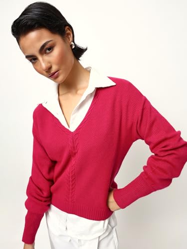 Image of High Star Women Knitted Acrylic Relaxed Fit V Neck Long Sleeve Sweaters