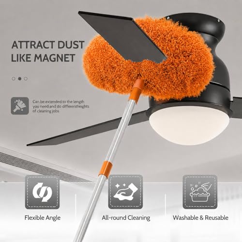 Image of Maxoshine Fan Cleaner Brush with Long Rod Flexible Fan Cleaning Mop Microfiber Dust Cleaner Foldable Duster Microfiber Duster for Cleaning of Home, Kitchen, Car (Orange)