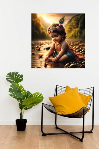 Image of Little Krishna Water Nadhi Wall Poster for Pooja Room, Office, Kids Room (Size- 46CM X 46CM)