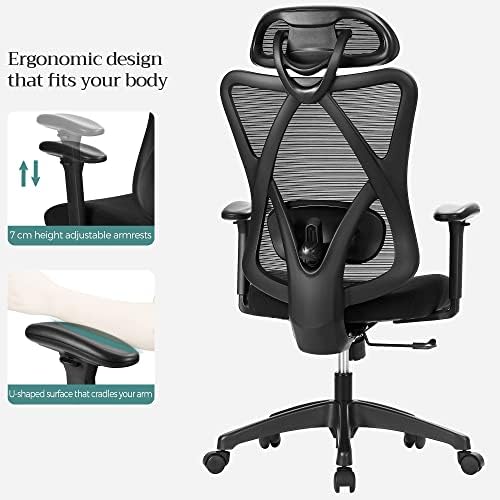SONGMICS Krzesło biurowe, ergonomiczne krzesło do biurka, krzesło do komputera, krzesło siatkowe, regulowane podparcie lędźwiowe i zagłówek, obciążenie do 150 kg, regulowana wysokość, Czarny