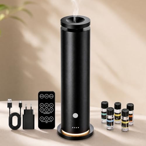Diffusore di Oli Essenziali Senza Acqua, Starter Kit con 5 Oli, Nebulizzatore 150 m², 6 Livelli Intensità, Telecomando, Timer 1-8 h, 20 dB, Diffusore Senza Acqua Nero, Soggiorno Camera Hotel SPA