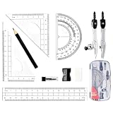 10Pcs Maths Set,Protractor And Compass Kit Math Ruler Pencil Rubber Sharpener School Stationery Drawing Compasses Geometry Sets Case With Storage Box,for Student Secondary Stationary Supplies (Black)