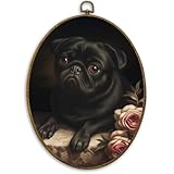 CUANFDDSF Vintage Pug Floral Oval Wall Art Decor, Black Pug Gifts Wall Hanging Decor, Moody Rustic Farmhouse Dog Framed Canvas Prints for Home Bedroom Living Room, 8.6x11.4 Inch