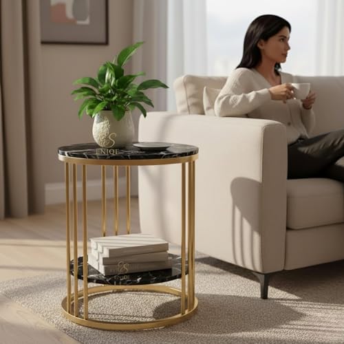 Image of Modern Coffee Table Metal Side Table with Marble Finish Top | 2-Tier Round End Table for Living Room & Bedroom (Black & Gold)