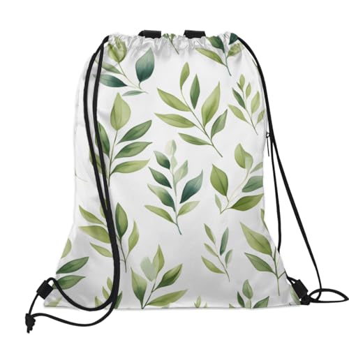 Green Sage Leaf Drawstring Backpack Waterproof String Bag Sackpack Plants Cinch Sack for Traveling Gym Sports with Mesh Pockets2