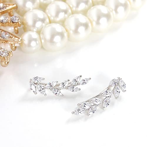 Humble Chic Ear Crawler Earrings For Women, Silver Ear Cuff, Climbing Leaf Ear Climbers Earrings For Women, Bridal Ear Jacket Earrings, Silver Earrings Simulated Diamond Cz Studs, Silver Tone, White #TOP3