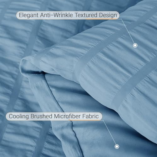 Image of MUXHOMO 7 Pieces King Comforter Set, Seersucker Bed in a Bag King Size, All Season Luxury Bedding Set with Comforter, Flat Sheet, Fitted Sheet, Pillowcases & Shams, Mineral Blue