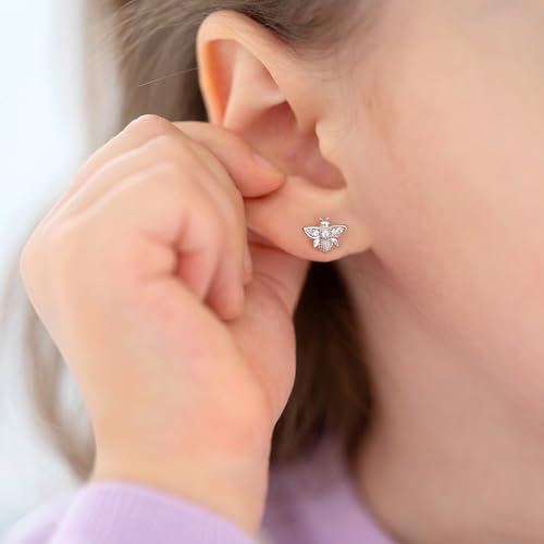 925 Sterling Silver Polished Honey Bee Earrings With Clear Cubic Zirconia Stones For Little Girls - Small Bee Shaped Earrings For Young Preteen Girls - Bug Earrings For Nature Lovers3