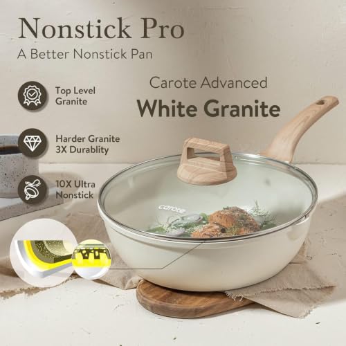 Image of CAROTE 6.5 Quart Deep Frying Pan Nonstick Saute Pan With Lid Deep Skillet Pan 12.5 Inch, PFOA Free