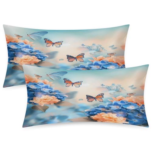Mexpekil Blue Hydrangea Flower Butterfly 2 Pack Satin Pillowcase for Hair and Skin, Smooth Like Silk Pillowcases, Pillow Case Covers King Size 20x40 in for Bedroom