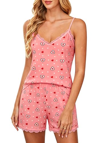Image of Women's Cami Pajama Set Rayon Lace Trim Camisole Top & Shorts Pjs Sets Lingerie Sleepwear with Pockets