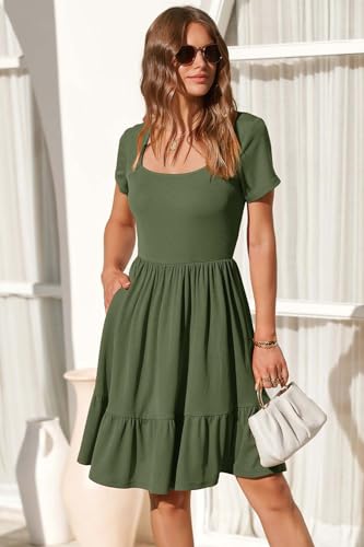 Image of Newshows Women's 2026 Summer Casual Square Neck Ruffle A Line Beach Vacation Sundress Work Business Dress with Pockets