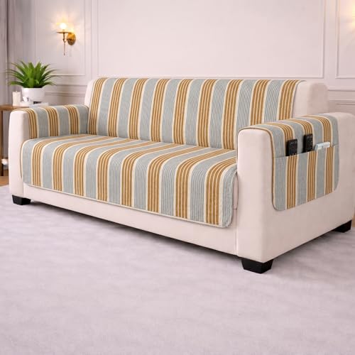 Image of STITCHNEST 'CloudFeel Series' Quilted Printed Velvet Sofa Cover for 2 Seater | Premium Soft Velvet Sofa Protector | Mustard Black Striped Design with Armrest Pockets | Furniture Cover