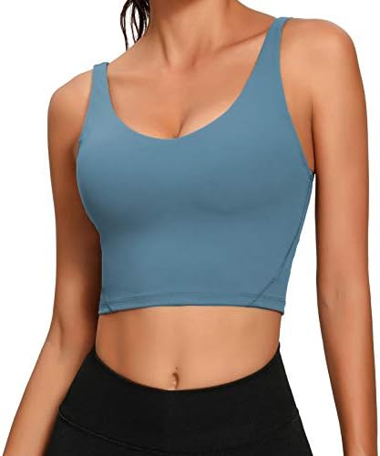 Lemedy Women Sports Bra Longline Crop Tank Top Padded Workout Running Yoga (M, Blue)