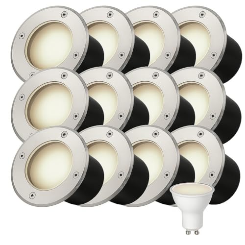 Partenopea Kit 12 Faretti Calpestabili da Incasso IP65 con Attacco GU10 per Esterni Giardini Vialetti Sentieri in Acciaio Inox con Controcassa, Compatibili Lampade 220V (Luce bianca naturale 4000k)