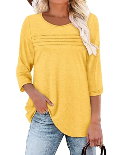 KISSMODA Women's Casual 3/4 Sleeve T-Shirts Round Neck Cute Tunic Tops Basic/Pleated Summer Tops Trendy Spring Blouses