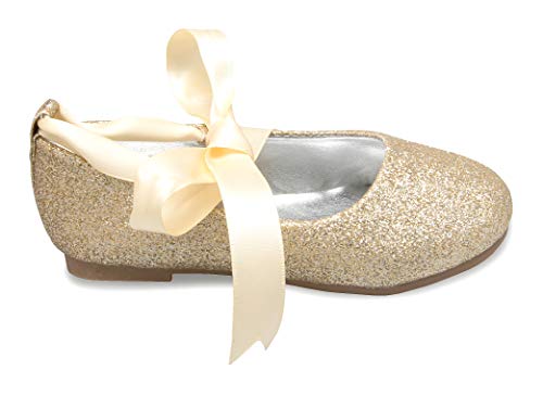 Olivia K Girls Adorable Ballerina Mary Jane Flats Ribbon Tie Shoes, Gold Glitter Y2 #TOP2