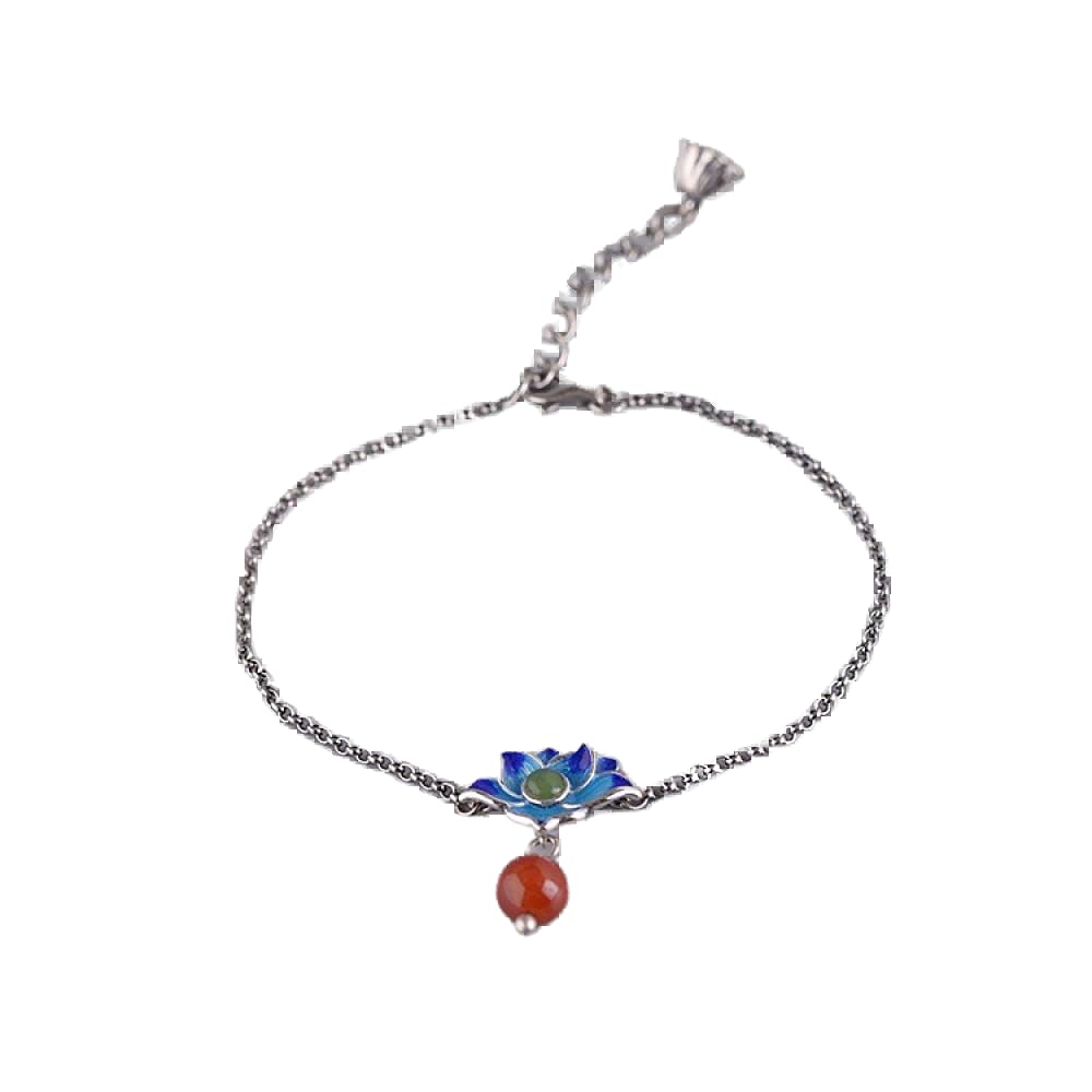 Bracciale Argento Donna,Bracciale Da Donna In Argento Sterling 925 Bracciale Vintage Blu Fiore Di Loto Bracciale Intagliato A Mano Bracciale Da Donna In Argento Gioielli Regali Per Sorelle Amiche Co