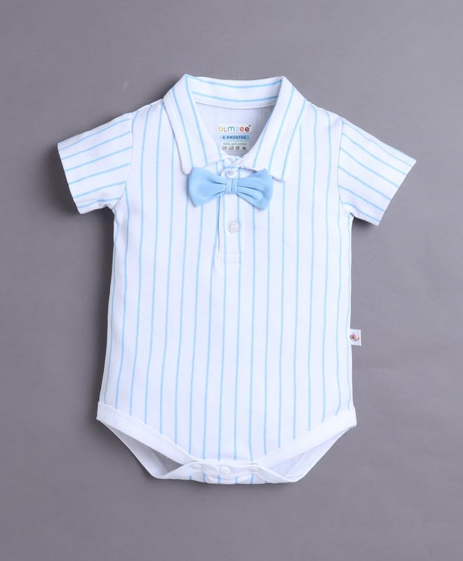 Image of BUMZEE Boys Regular Fit Half Sleeves Collar Neck Cotton Bodysuit & Short Set With Applique Bow Suspender & Cap