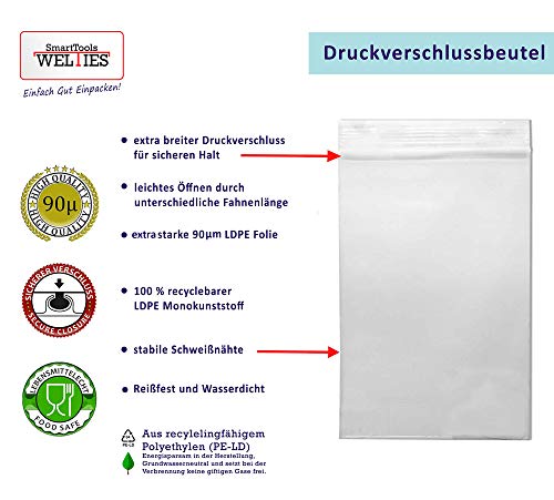 100 Stück Druckverschlussbeutel 40x60mm 4x6 cm 90my extra stark Zip Beutel mit Verschluss immer wieder verschließbar Plastiktüten Zipper baggys Tüten FBA-geeignet! WeltiesSmartTools