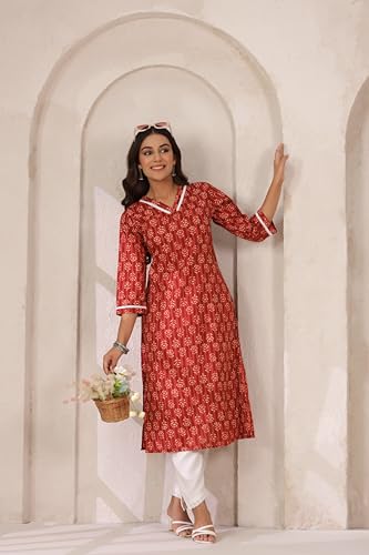 Image of Ichaa Women's Pure Cotton A-Line Ethnic V-Neck Kurta with 3 /4th Sleeve for Daily and Office Wear, in Plus Sizes