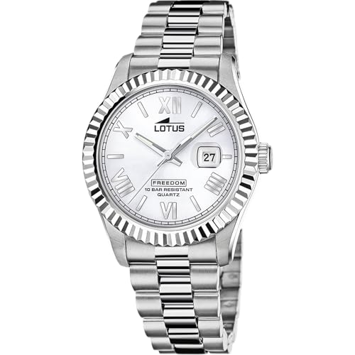 LOTUS Reloj Hombre Analógico de Acero Inoxidable 316l Plateado   Movimiento de Cuarzo   Calendario   Cristal Mineral de Alta Resistencia   Resistente al Agua 10 ATM 19002/1 Freedom