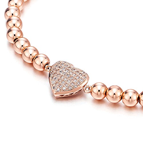 COOLSTEELANDBEYOND 18K Rose-Gold-Plated Beads Link Charm Bracelet for Women with Cubic Zirconia Heart Charm, Polished2
