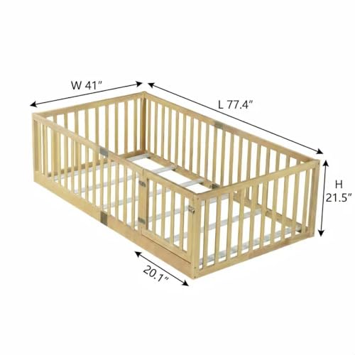 Image of Bellemave Twin Size Kids Montessori Floor Bed Frame with Door and Slats,Solid Wood Floor Bed Frame with Slats and High Fence for Kids,Girls,Boys,Natural