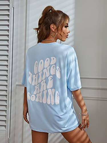 Soly Hux Women's Oversized T Shirts Graphic Tees Letter Print Casual Summer Tops Blue L #TOP2