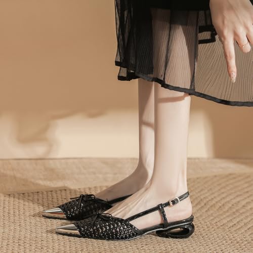 Women's Braided Mesh Bow Slingback Pumps Closed Pointed Toe Ankle Strap Low Block Heel Dress Shoes for Wedding Party Work4