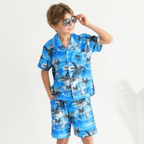 Image of Weixinbuy Boys Summer Outfits Short Sleeve Hawaiian Shirt and Shorts Vacation Set for Kids Summer Clothes Set