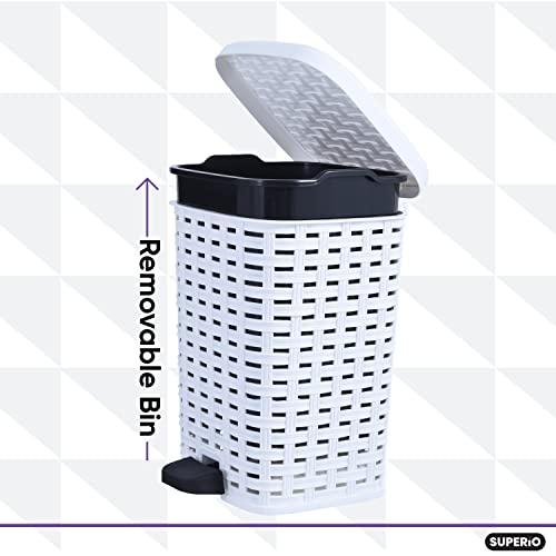 Image of Superio Mini Trash Can with Foot Pedal Small Outdoor Garbage Can with Lid, 1.5 Gallon Plastic Waste Basket for Bathroom, Bedroom, Kitchen, Office, Patio (Wicker Smoke 6 QT.) (White, 3 Gallon)