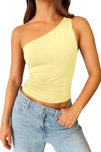 ForeFair One Shoulder Top for Women Going Out Summer Crop Tank Top Ruched (Yellow S)