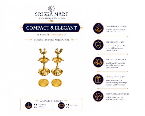 Image of Brass Peacock Kuthu Vilakku 5-Inch Compact Set of 2 with 2 Matching Base Plates, Samai Deepam Oil Lamps