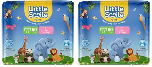 Image of Baby Diapers Pant Style | Large (L) Size | Ideal for 9-14 Kgs Baby | 60 Count- Odorless and Antibacterial Layer with Urine Indicator (Pack of 2)