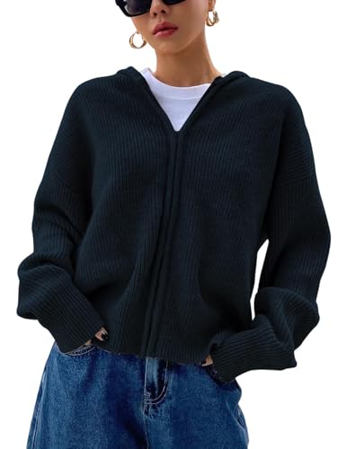 Image of SOLY HUX Zip Up Cardigan for Women Hooded Cardigan Sweater Knitted Drop Shoulder Fall Clothes Winter Hoodies Outerwear