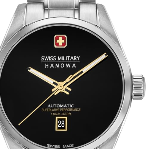 Image of SWISS MILITARY HANOWA Majestic Pioneer Onyx | Black Analog Dial | Date Display | Silver Stainless Steel Strap | Swiss Made Automatic Watch for Men - SMWGL0006204