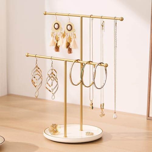 Josmimic Gold Jewelry Holder Stand with Ceramic Tray: Small Hanging Necklace Organizer Tree for Earrings, Bracelets, Rings â€“ Jewelry Display Hanger for Women & Girls, White