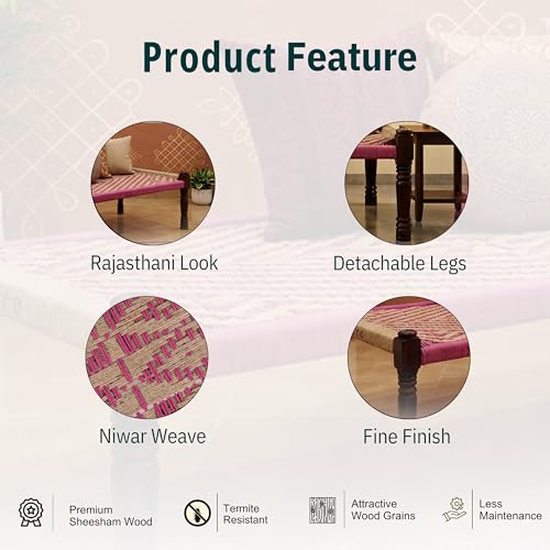 Image of Solid Sheesham Wood Charpai Khat | Handcrafted Daybed Khatiya Charpai with Cotton Rope | Traditional Khat Bed Wooden Diwan Cot for Living Room | 6X3 Feet | Beige and Pink