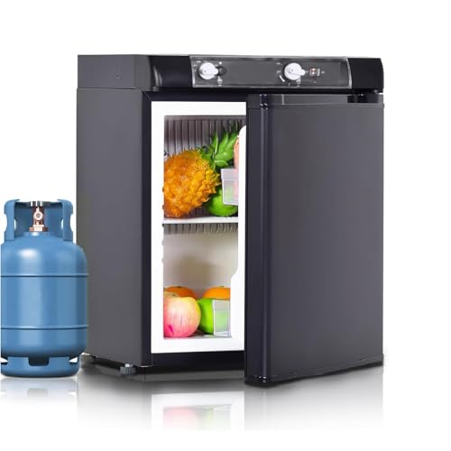 Techomey Frigo Camping car 12V 220V Gaz, 40L, Frigo Trimixte, Réfrigérateur Camping Gaz pour Chalet Cabanon Caravane Fourgon Mobile-Home, Noir
