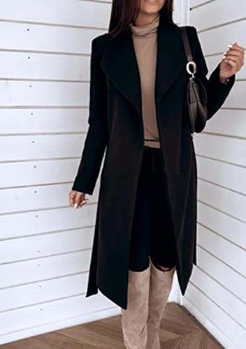 Graswe Women's Notch Lapel Overcoat Long Puff Sleeve A Line Pea Coat With Self Tie Belt Black M #TOP2