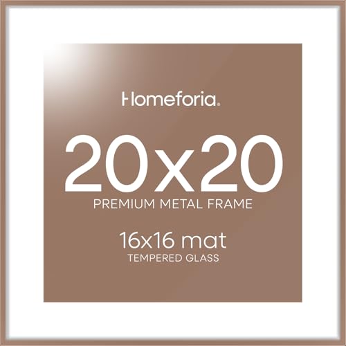 Image of Homeforia 20x20 Picture Frame Mocha, High End Metal 20x20 Square Poster Frame Matted to 16x16 Print, 20 x 20 Mocha Frames with Mat 16 x 16 Photo, 20by20 Thin Frames, Tempered Glass, Wall Kit, Set of 1