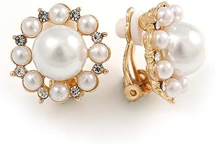 18mm/ Gold Tone White Faux Pearl Crystal Floral Clip On Earrings, white / ivory, gold - Image 4